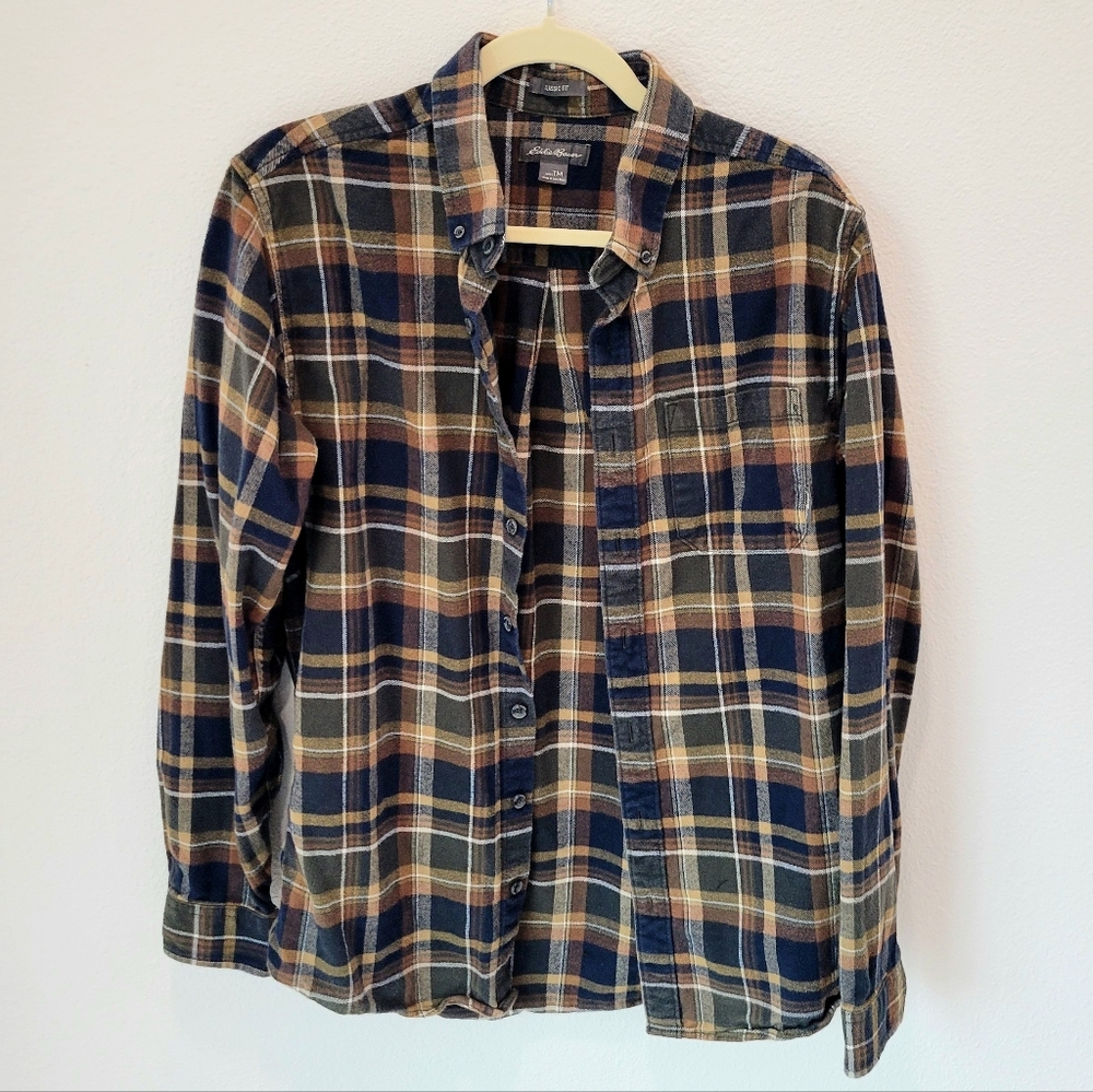 Eddie Bauer Plaid Shirt Olive Navy Brown Tall Medium TM
